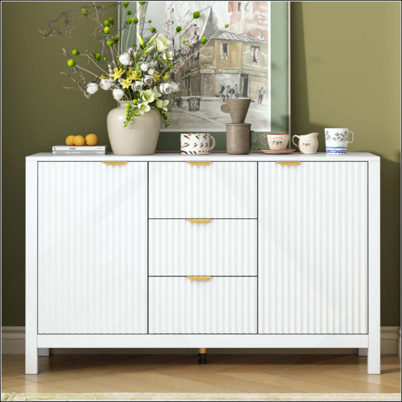Sideboard With Wave Design - 3 Adjustable Shelves, 3 Drawers & Soft-Close Doors, Storage Console Table With Metal Handles, Suitable For Study, Hallway And Living Room