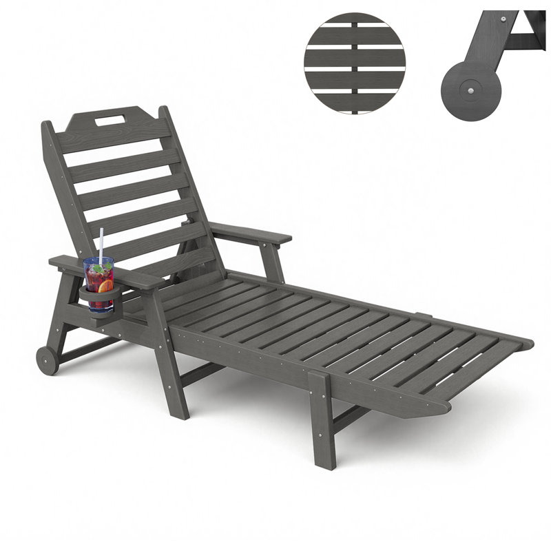 Oversized Outdoor Lounge Chair – HDPE All-Weather Chaise Lounge with 6 Positions, 500-LBS Capacity, Wheels, and Cup Holder for Deck, Poolside, or Backyard，Gray