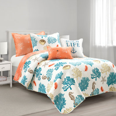 Lush Decor Coastal Reef Feather Reversible Quilt Set