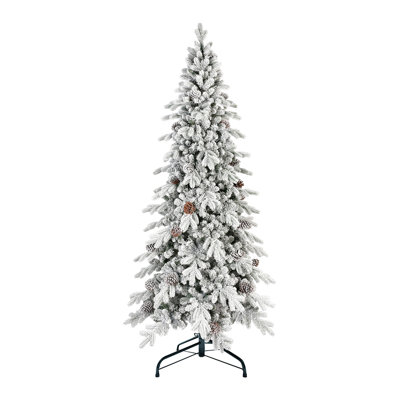Arbre de Noël 9 pi en PE / PVC floqué avec 1250 lumières DEL blanc chaud - 2138 pointes, 52 pommes de pin naturelles, effet enneigé, branches articulées, base en métal