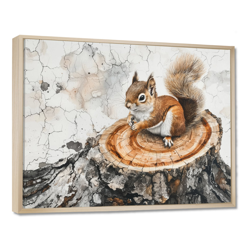Angella, écureuil mignon sur une glissoire en bois, forêt IV - écureuil, art mural, H 34 po x l 44 po, Cadre flottant, Brun