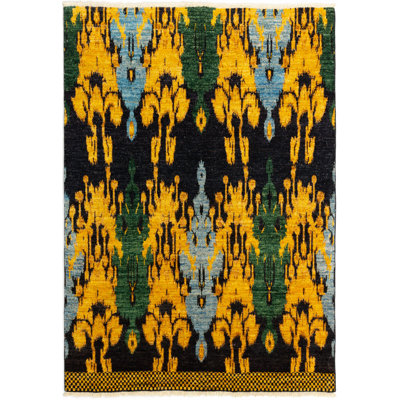 Tapis décoratif en laine de conception unique noué à la main New Age de 6 pi 1 po x 6 pi 3 po en jaune/vert/noir