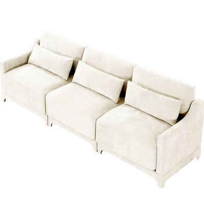 Beige Three - Seater Chenille With High Resilience Cushions, Ergonomic , Flexible Configuration, And Simple Back For Different Interior Styles In Beige, Featuring Design, Lumbar Pillow, Wooden Base,