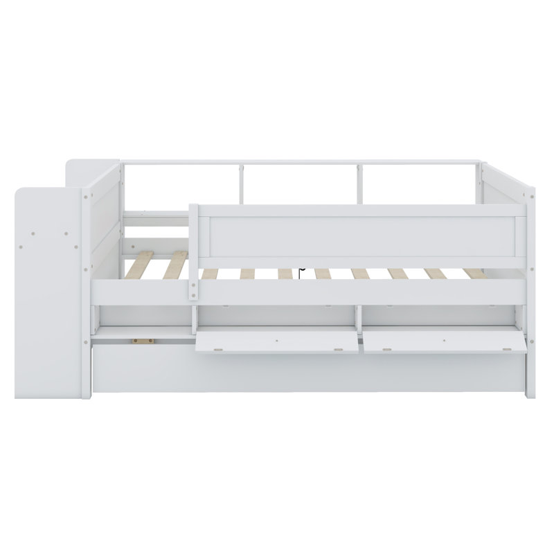Lit de jour avec tiroirs et lit gigogne, rangement pour tête de lit, tables et station de charge USB, Blanc