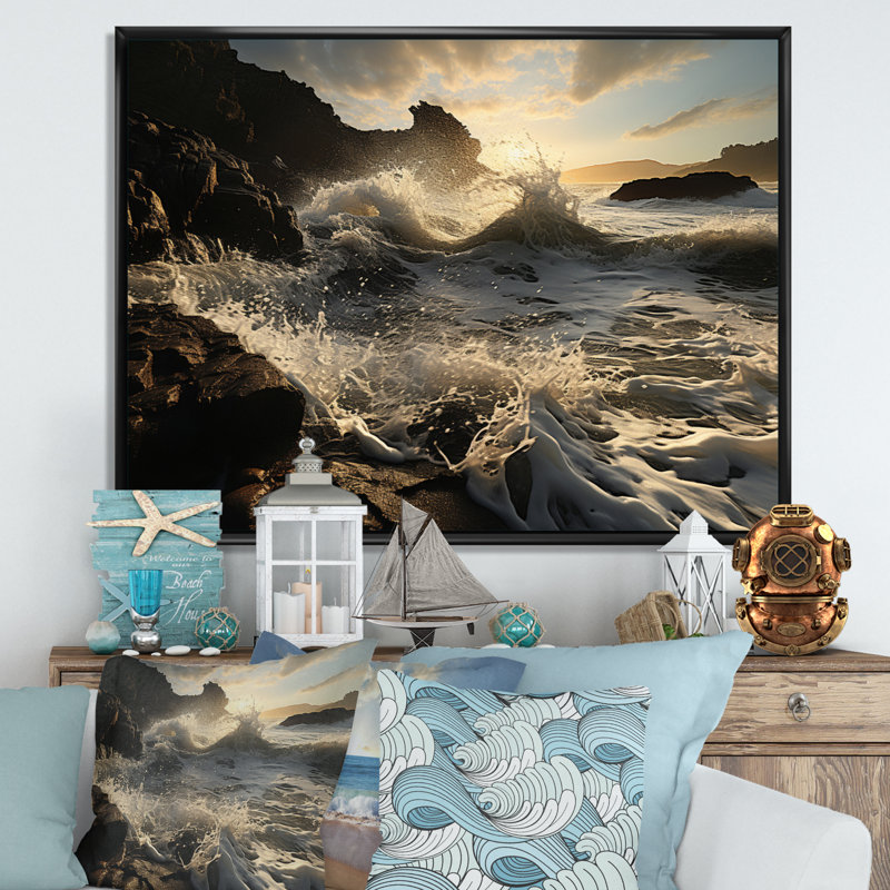 " Beach Photo Sunlit Waves II ", 12" H x 20" W, Gold Picture Framed