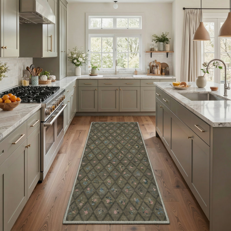 Auraflora Floral Machine Washable Brown Indoor Area Rug with Non-Slip Backing, Runner 2' x 6'