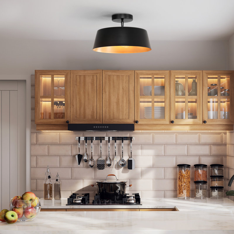2-Light Flush Mount Ceiling Light, Matte Black, Painted Gold Interior Shade, Home Improvement, Dining Room, Kitchen