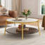 Table basse moderne à 2 niveaux en noyer avec plateau en verre et base dorée pour salon, 29,9 po