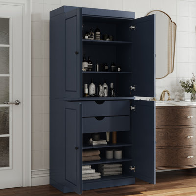  32" W x 71.5" H 100% Solid Wood Freestanding Bathroom Linen Cabinet with Doors, 2 Drawers & Adjustable Shelves – Modular Storage Organizer