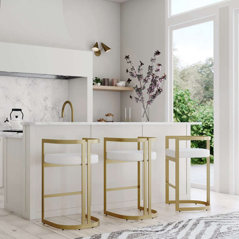 Butler Bravo Faux Leather Counter Stool, Gold, Bar Stool (28.5” Seat Height), White