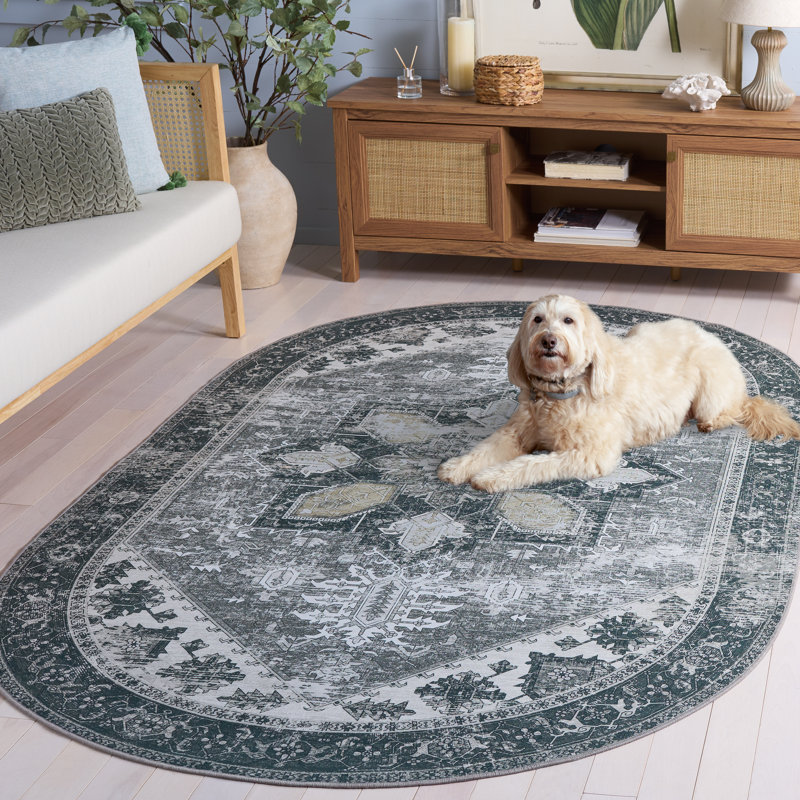 DeBary Oriental Dark Sage/Ivory Area Rug, Oval 5' x 8'
