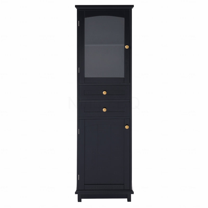 Armoire de rangement de 63 po de hauteur avec portes en verre, deux tiroirs et tablettes réglables, panneau de fibres à densité moyenne