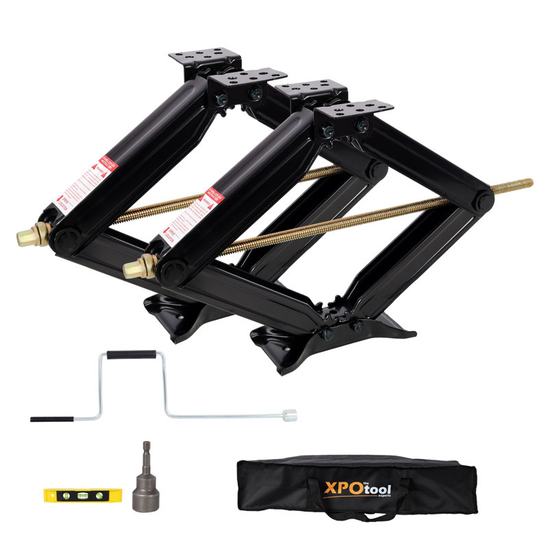 Ensemble de 2 vérins de stabilisation pour ciseaux pour véhicule récréatif - capacité de 13 000 lb - Ensemble de 2 vérins de nivellement robustes en acier avec poignée à manivelle, douille, niveau à bulle et sac de rangement (extension de 24 po)
