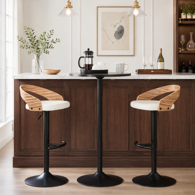 Adjustable Barstool With Swivel In Black Metal, Zebra Wood And White Faux Leather With Rounded T Footrest - Set Of 3