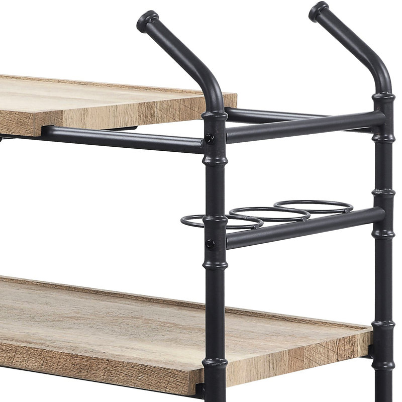 Chariot de service en chêne et sable noir - style industriel avec verres à pied, roues verrouillables, 2 tablettes de rangement spacieuses pour le noir, espace