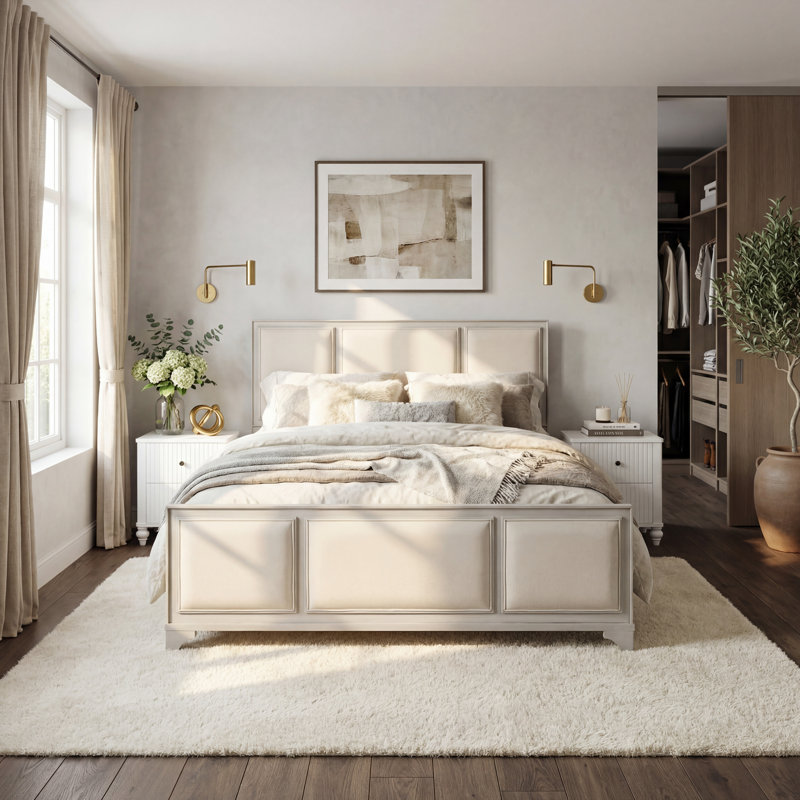 Base de lit plateforme en bois avec tête de lit tapissier Tatum, Beige et blanc, Grand lit