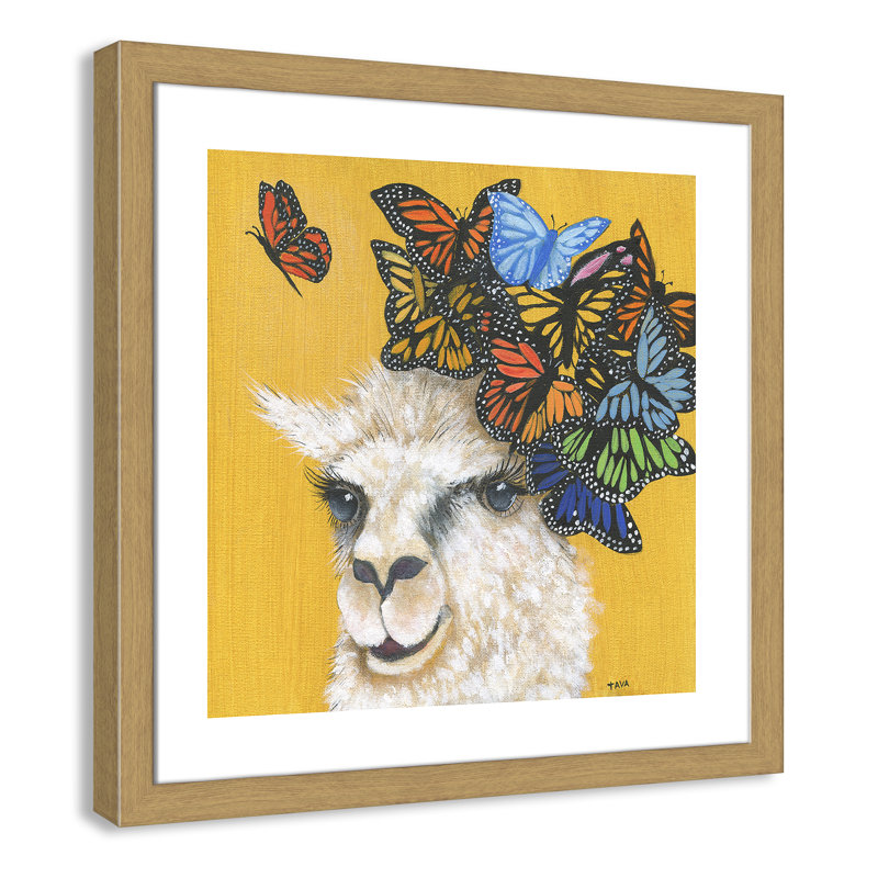 Art sur toile llama, H 24,5 po x l 24,5 po x P 0,625 po, Cadre en chêne