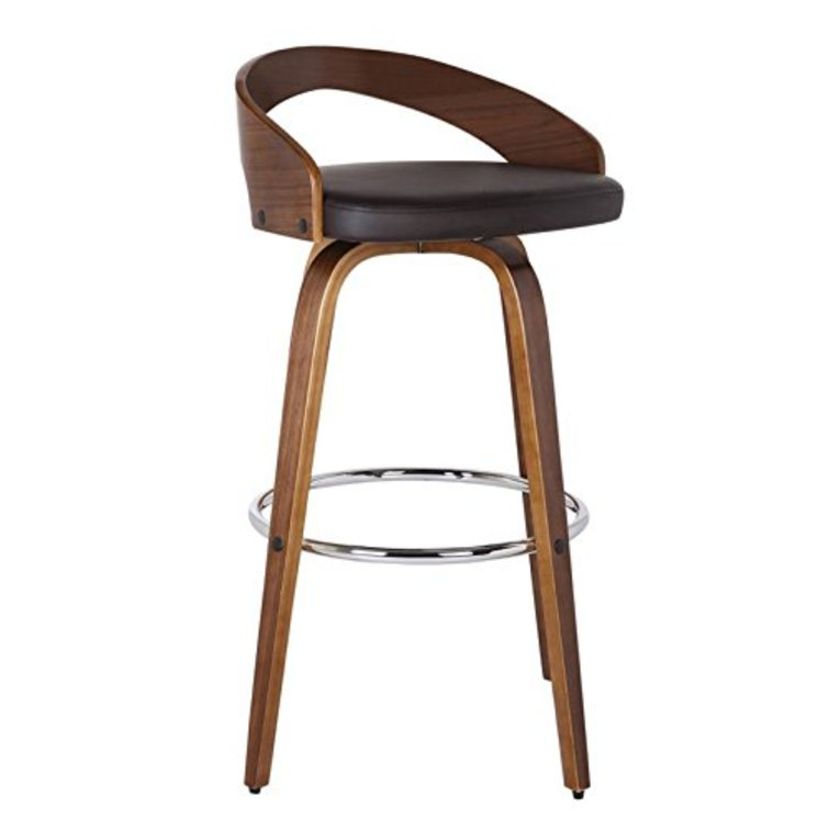 Maxime Swivel Counter or Bar Height Bar Stool with Open Low Back in Faux Leather and Wood
