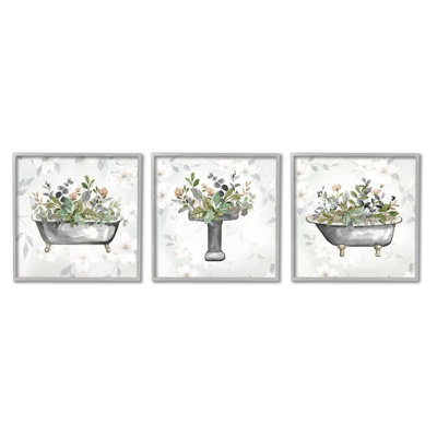 A3-226-Framed " Gray Bathroom Florals " by Nan 3 - Pieces