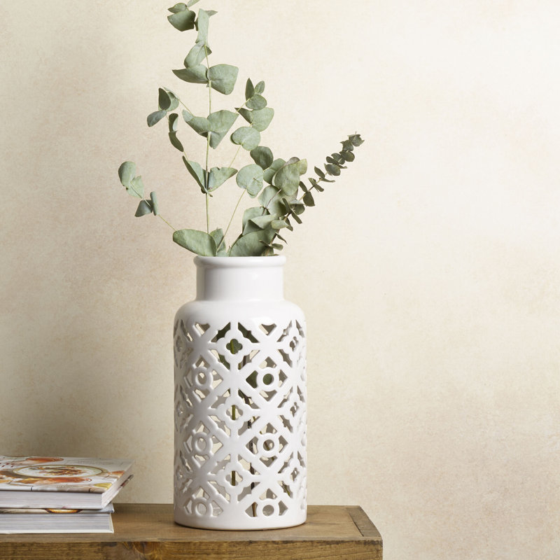 Diamond Pierced White Ceramic Table Vase 11" Height