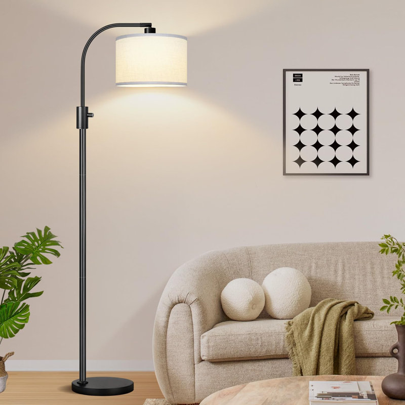 Dimmable LED Arc Floor Lamp With Linen Shade, 1200 Lumens, 0-100% Brightness, Rotatable Lamp Head, Black