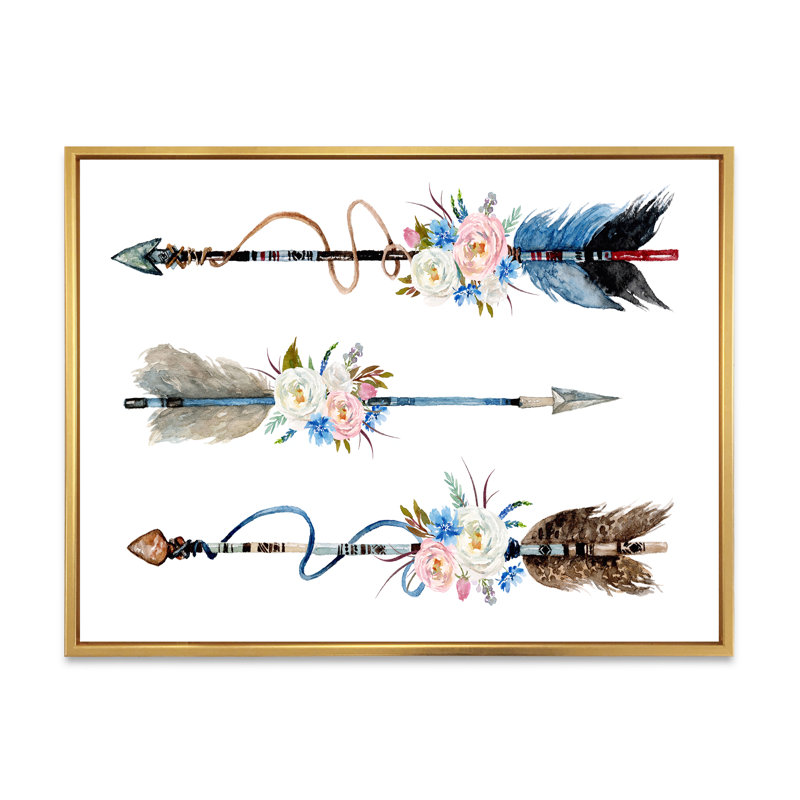 Plumes et fleurs sur des flèches indigènes - Peinture sur toile, H 24 po x l 32 po x P 1 po, Cadre flottant doré