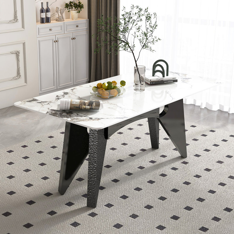 Table de salle à manger de luxe 79 po pour 6 à 8 personnes, en pierre frittée rectangulaire dorée avec support stable en acier inoxydable, marbre blanc huilé 6-8, base, plateau anti-rayures