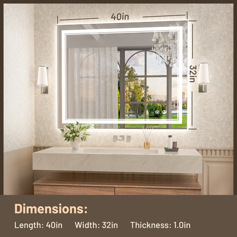 Johnn LED Lighted Bathroom Vanity Mirror 3 Color Dimmable Light & Anti-fog Wall Mirror, 32" x 40"