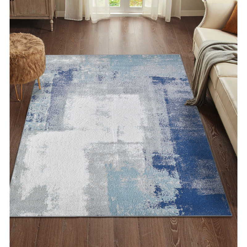 Elrosa Abstract Blue/Off White Area Rug, Rectangle 8' x 10'