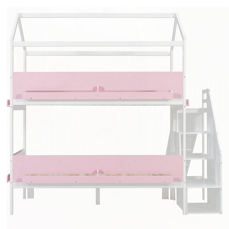Lit superposé en bois en forme de maison avec glissière et escalier de rangement, cadre de lit simple sur simple / double pour enfants