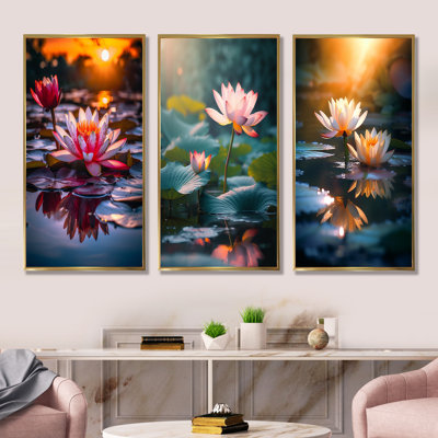 Lotus Pond At Sunset - Lotus Canvas Art Print Set Of 3