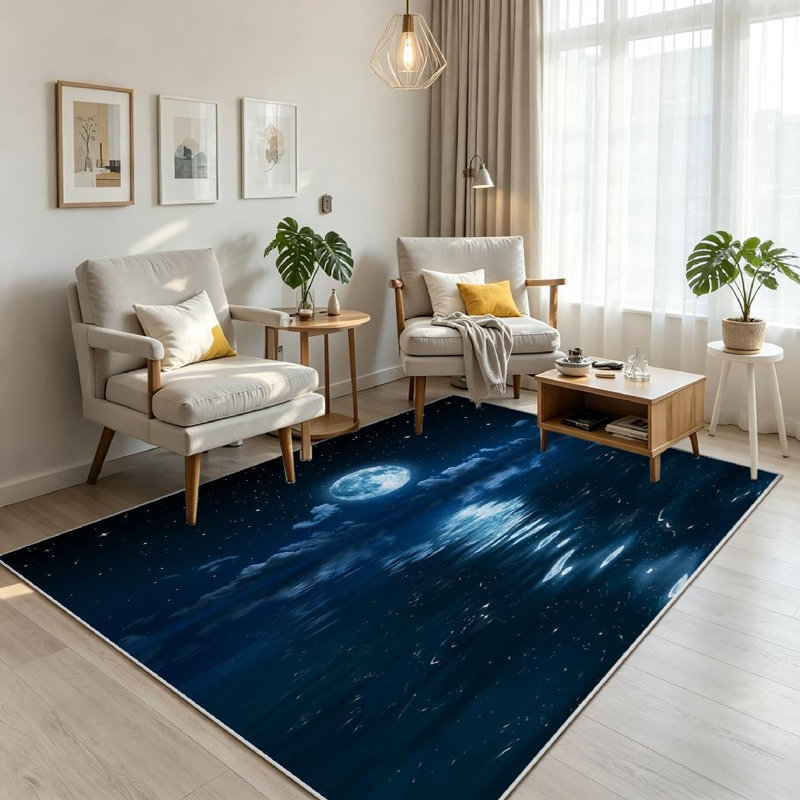Blue Super Moon Clouds Night Sea Full Sky Starry Ocean Moonlight Machine Washable Indoor Area Rug, Rectangle 71" x 98"