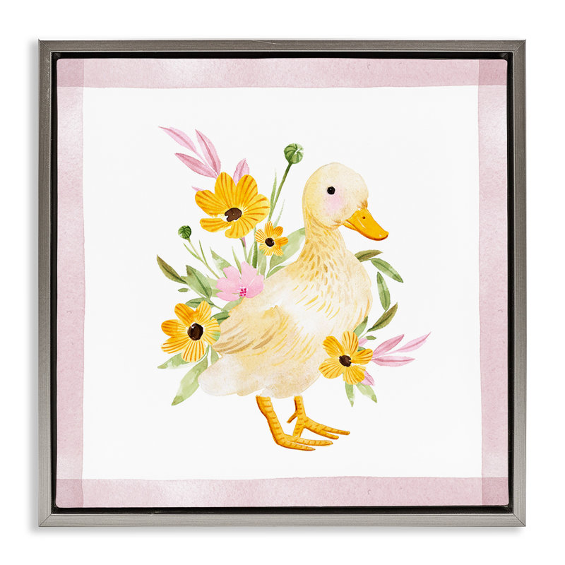 "Duck & Yellow Daisies", art mural par Enya Todd, Cadre flottant gris lustré, H 18 po x l 18 po x P 1,7 po