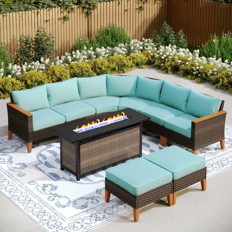 Ensemble de conversation modulaire d'extérieur en osier avec foyer Salem, Bleu, Oui