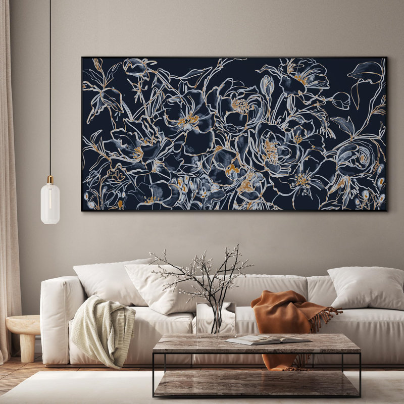 Fleurs délicates dessinées à la main avec des décorations dorées, très grande impression encadrée (assemblage requis)