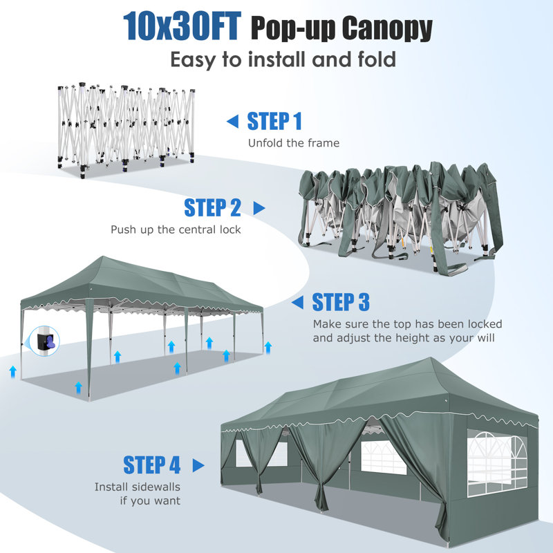 10x30 Pop Up Canopy Tent with 8 Sidewalls,Wave Eave Heavy Duty Canopy Tent , Gray
