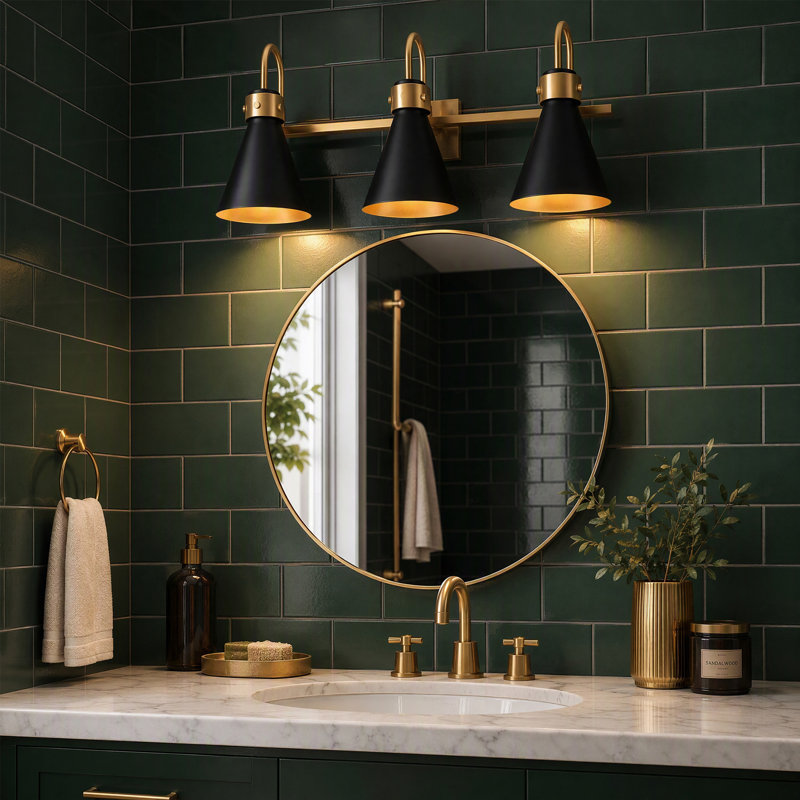 Applique murale moderne à 3 lumières noire et dorée pour salle de bain
