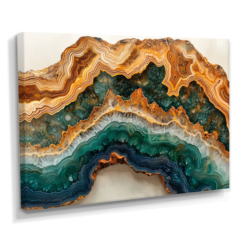 Agate et pierre émeraude dans la glissade en bois I - Agate, art mural, H 24 po x l 32 po, Toile tendue sur cadre
