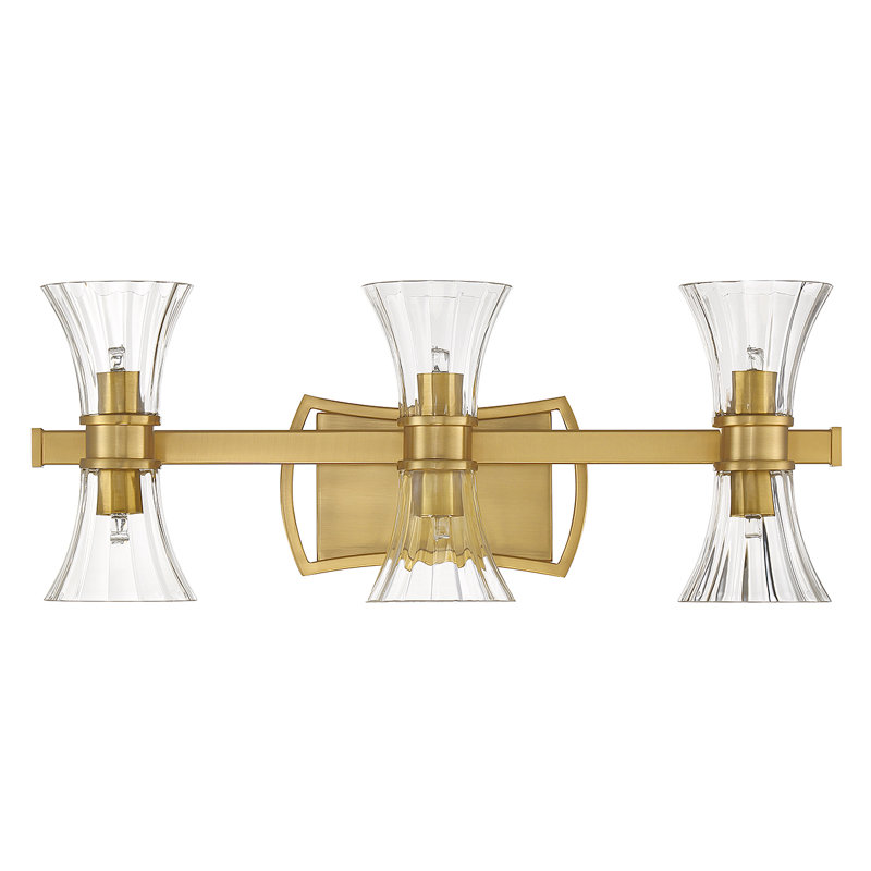 Warm Brass 6-Light Vanity with Clear Ribbed Glass Shades