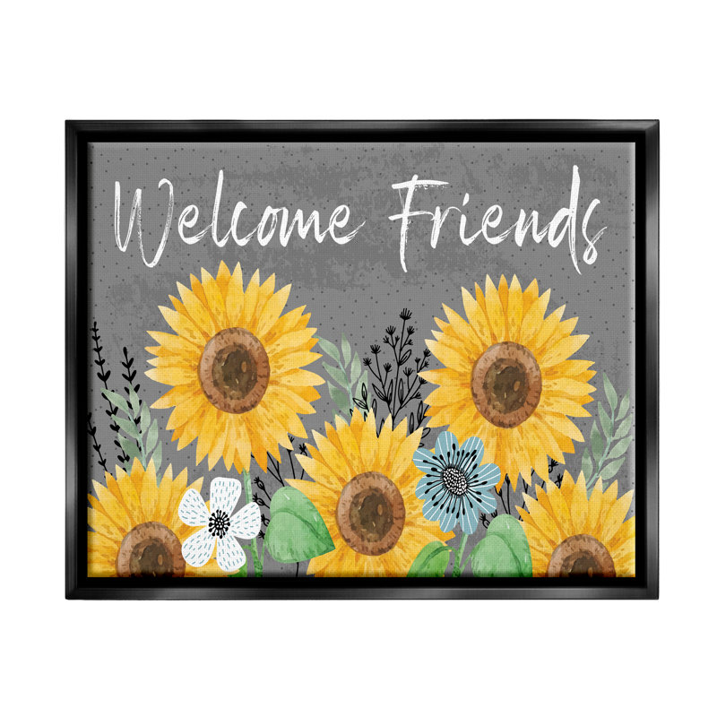 «Welcome Friends Garden Florals», art mural sur toile par ND Art, H 17 po x l 21 po x P 1,7 po, Cadre flottant noir de jais