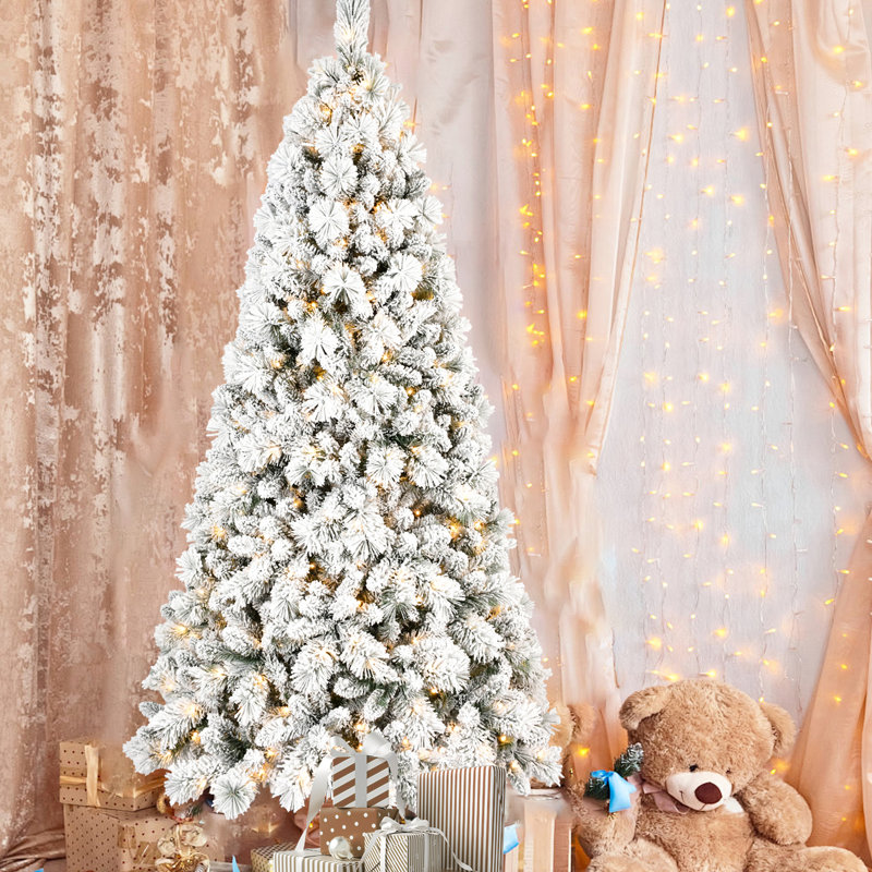 Sapin de Noël floqué avec 350 lumières DEL blanc chaud, 752 branches, aiguilles denses et enneigées, système à charnière pour un montage rapide, structure de base facile à assembler, pied stable