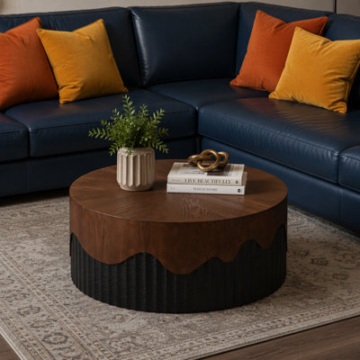 Handcrafted Round Coffee Table With Relief Design, Sturdy Pedestal, And Real Bark Texture Veneer, Ideal For Living Room