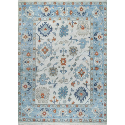 8x10 Ivory Hand-Knotted Wool Sky Blue Border Classic Traditional Modern Contemporary Carpet Rug
