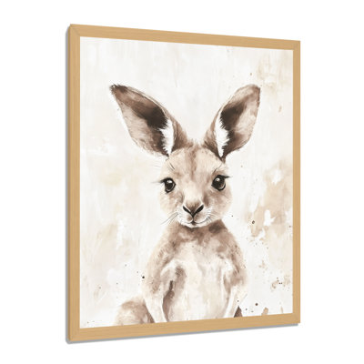 Kangourou dans la poche de sa mère I - Tableau encadré beige pour chambre d'enfant