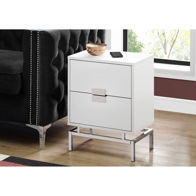 Table d'appoint chic pour la chambre à coucher avec stratifié blanc brillant et base latérale en métal