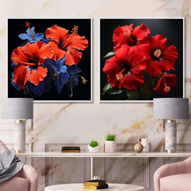 Ensemble de 2 décorations murales tropicales Hibiscus I - Hibiscus, Cadre flottant blanc, H 16 po x l 33 po x P 1 po