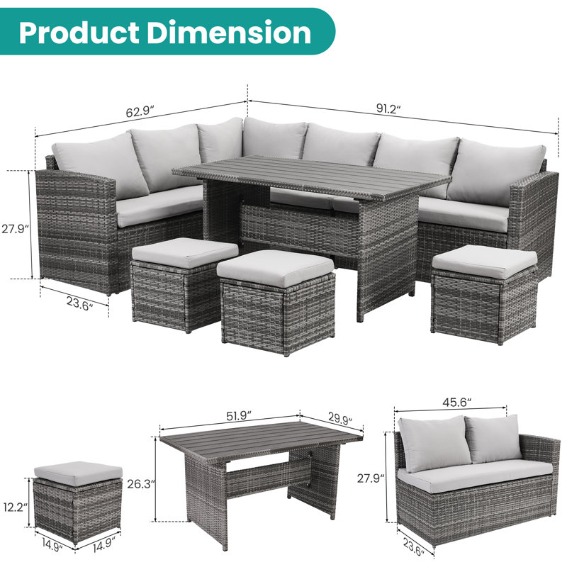 7 meubles de patio extérieur 7 pièces, Gray Cushion/Gray Frame