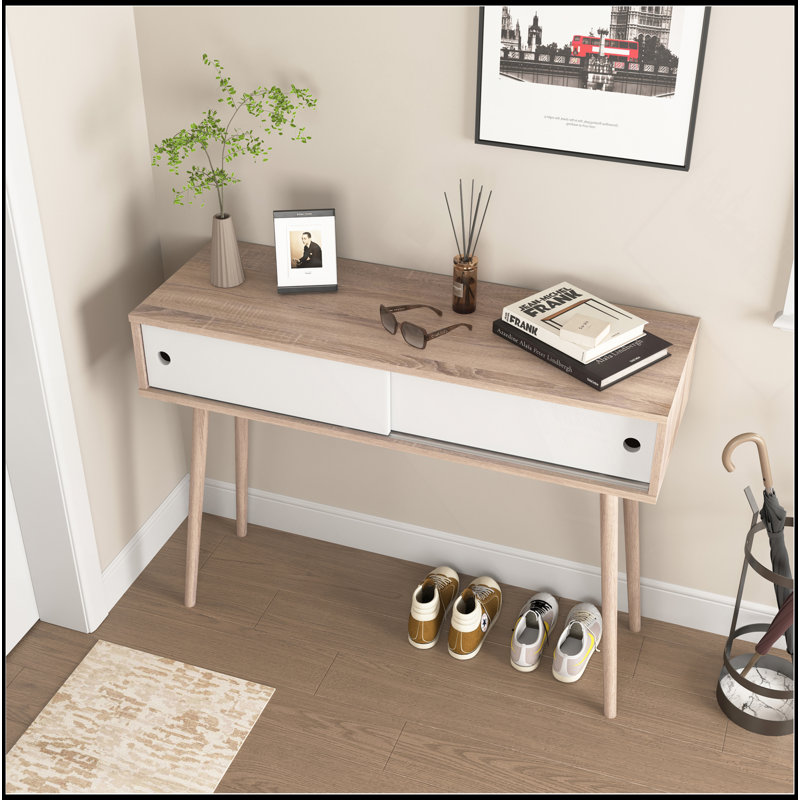 Table d'entrée avec 2 portes coulissantes blanches, console avec espace de rangement et pieds en bois, table de canapé derrière le canapé pour le couloir, salon, couleur naturelle