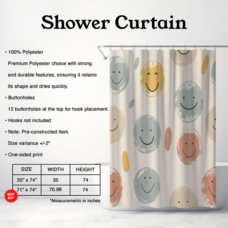 Rideau de douche 1 pièce Fun Fun faces, H 74 po x l 71 po