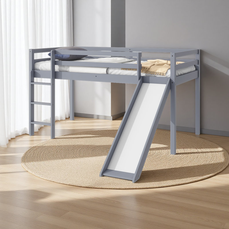 Twin Low Loft Bed With Slide, Ladder, Safety Guardrails, Gray
